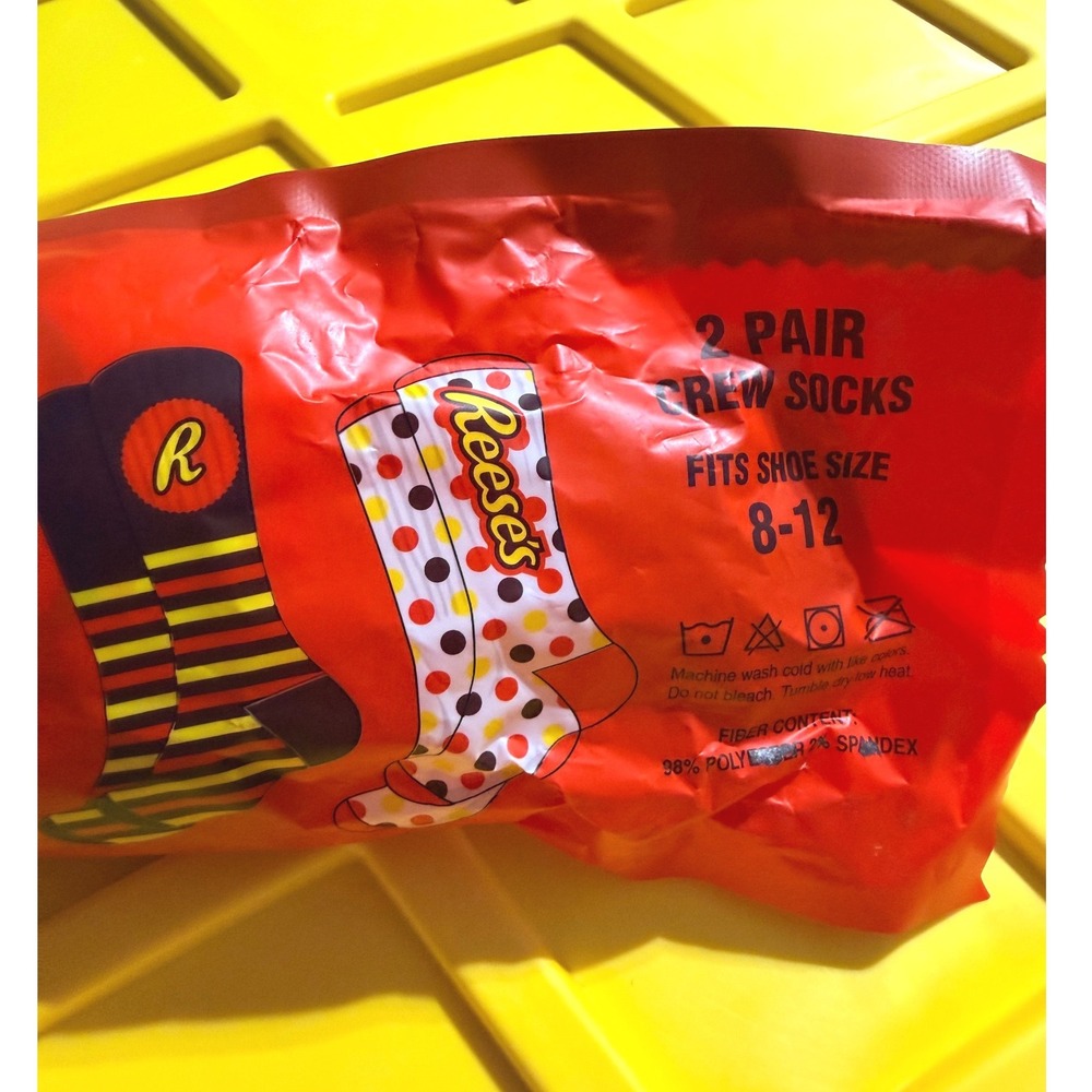 Reese's Peanut Butter‎ Cups 2 Pair Crew Socks Mens Shoe Size 8-12 Orange Novelty